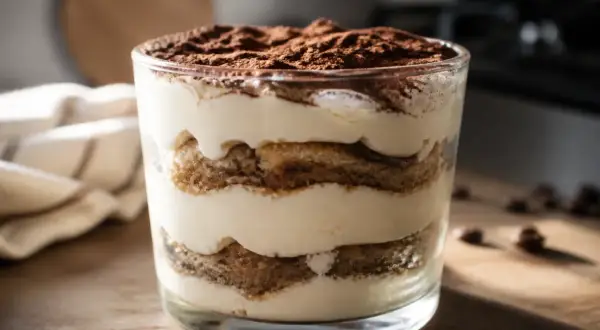 Un délicieux tiramisu maison en verrine, avec des couches de biscuits imbibés et de crème onctueuse, saupoudré de cacao.