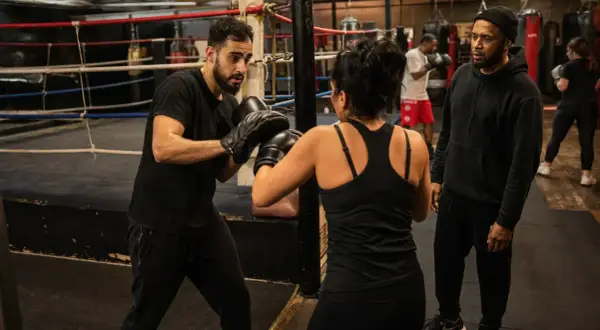 A boxing coach instructs a woman in a ring, while other boxers train in the background. This scene highlights the dedication required across all mens boxing weight classes.