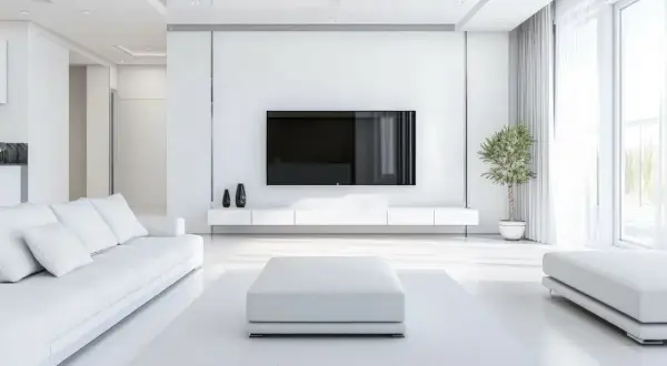Soggiorno minimalista dominato dal colore bianco, con divano, pouf e mobile TV coordinati. Un tocco di verde da una pianta.
