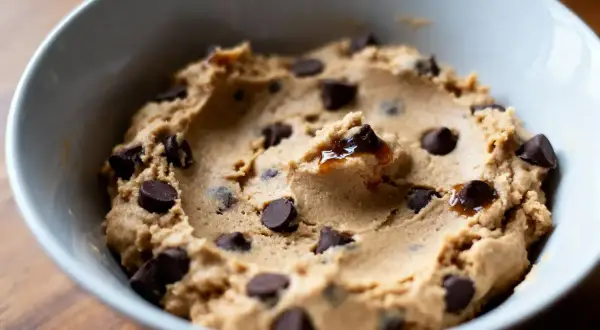 Pâte à cookie crue, riche en pépites de chocolat, dans un bol blanc. Une gourmandise tentante avant la cuisson.