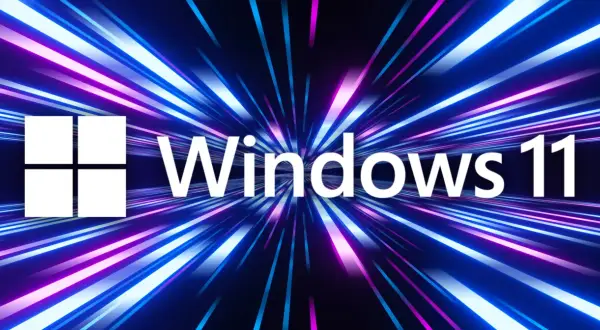 Logo Windows 11 na tle neonowych pasów. Szybkość i nowoczesność dla optymalizacji Windows 11.