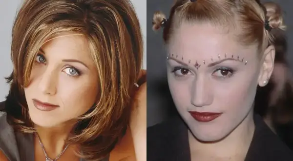 Ikony stylu lat 90.: Jennifer Aniston z klasyczną fryzurą i Gwen Stefani z odważnym, awangardowym lookiem.