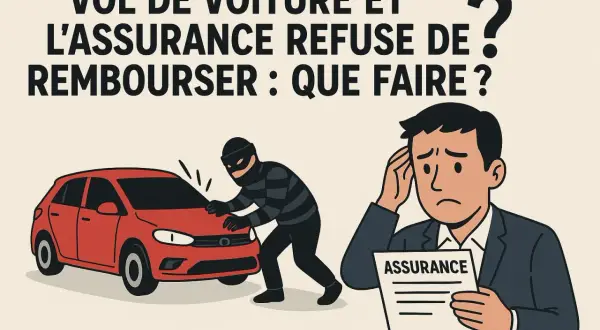 Un voleur s'en prend à une voiture rouge, un homme inquiet tient un document d'assurance.