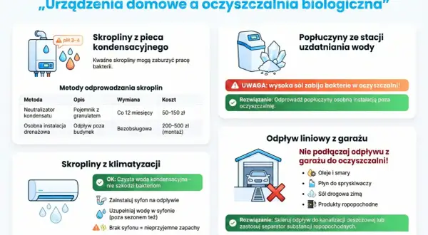 Porady dotyczące czyszczenia przydomowej oczyszczalni ścieków: unikaj kwaśnych skroplin z pieca, popłuczyn z solą i oleju z garażu.