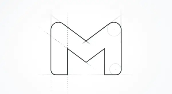 Nowa ikona Google, litera M, z pomocniczymi liniami i okręgami, sugerująca proces projektowania.