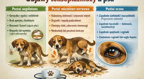 Objawy toksoplazmozy u psa: gorączka, apatia, brak apetytu, duszności, biegunka, kulawizny, drgawki, problemy z widzeniem.
