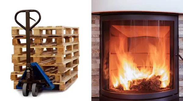Un chariot élévateur pousse des palettes en bois. Peut-on brûler du bois de palette dans une cheminée ? Le feu crépite dans le foyer.