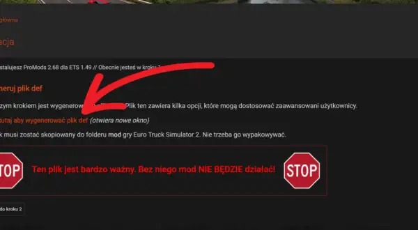 Instrukcja instalacji modów do ETS2: wygeneruj plik def, kluczowy dla działania gry. Bez niego mody nie zadziałają.