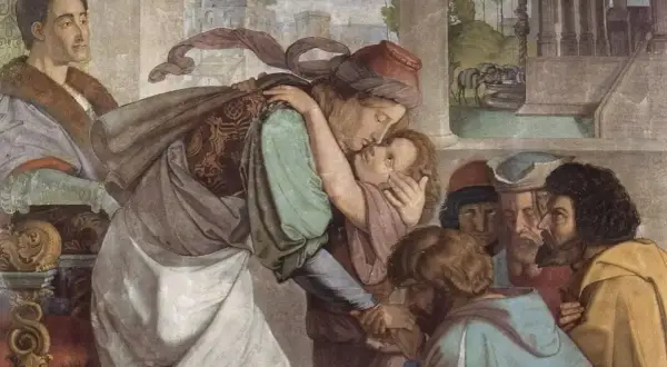 Scena z malowidła: matka obejmuje dziecko, obok mężczyźni. To jak streszczenie księgi rodzaju, pełne emocji i historii.