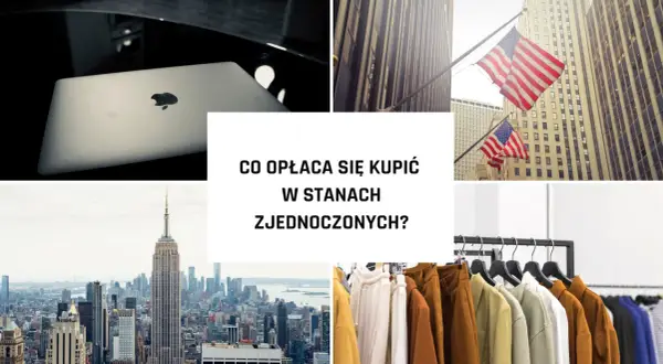 Laptop Apple, flagi USA, Empire State Building i ubrania na wieszakach.