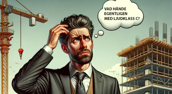En man i kostym kliar sig i huvudet vid en byggarbetsplats, funderande på vad som hände med ljudklass C.