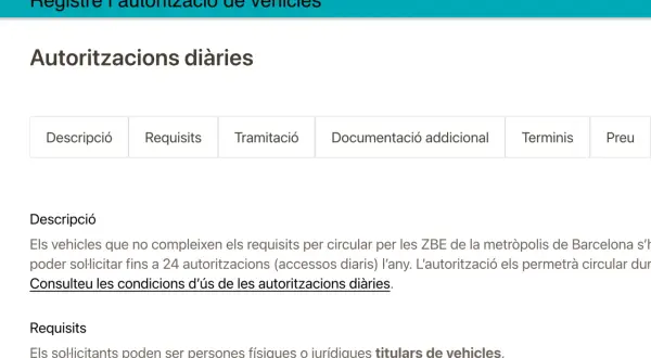 ZBE Barcelona: información sobre autorizaciones diarias para vehículos que no cumplen requisitos. Permisos para circular en zonas de bajas emisiones.