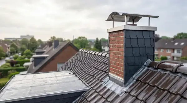 Ein Ziegeldach mit einem gemauerten Schornstein, der eine schlichte schornstein regenhaube ja oder nein trägt.