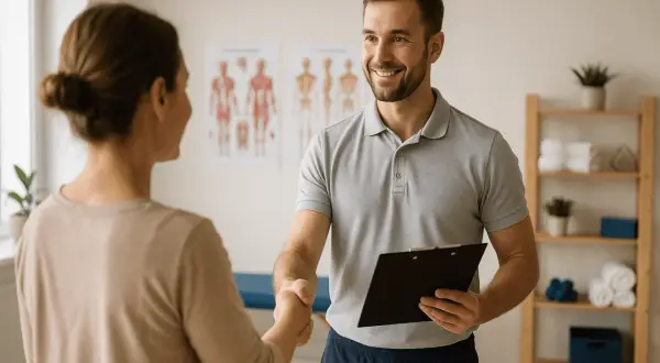 Fizjoterapeuta wita pacjentkę, podając jej rękę i trzymając teczkę.