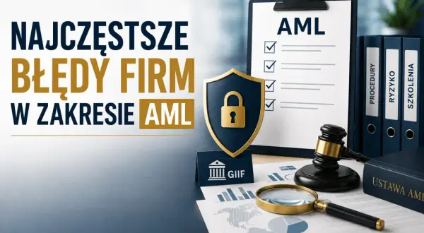 Najczęstsze błędy firm w zakresie AML. Tarcza z kłódką, dokumenty, lupa i młotek sędziowski symbolizują bezpieczeństwo i prawo.