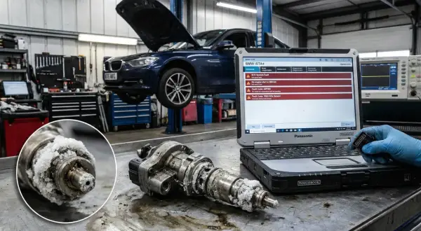 Awaria czujnika NOx w BMW E90. Na stole leży zabrudzony element, a komputer diagnostyczny pokazuje błędy.