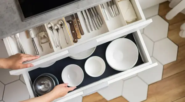 Uporządkowane szuflady w kuchni: sztućce, naczynia i akcesoria. Perfekcyjna organizacja ułatwia codzienne gotowanie.