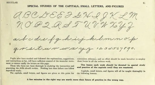 A page of cursive handwriting practice, showing the alphabet in uppercase and lowercase, and numbers. The text guides students on how in cursive to master these forms.