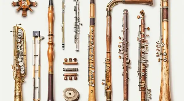 Kolekcja instrumentów dętych blaszanych, w tym saksofon, klarnet i inne, prezentuje bogactwo form i materiałów.