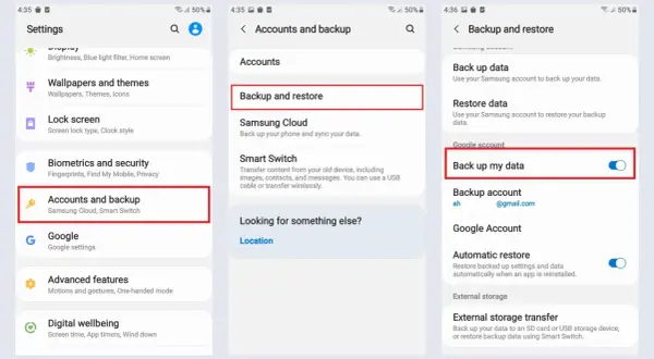 Ajustes de Android para recuperar archivos borrados. Muestra la ruta: Cuentas y respaldo > Respaldo y restauración > Respalda mis datos.