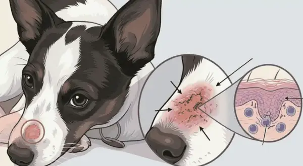 Illustration shows what ringworm looks like on a dog: a red, scaly patch with broken hairs on the nose, magnified to show skin layers.