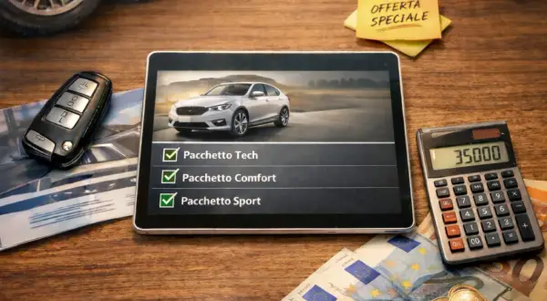 Tablet con auto bianca, pacchetti selezionati e calcolatrice con 35000. Il colore carrozzeria dell'auto è un elegante argento.