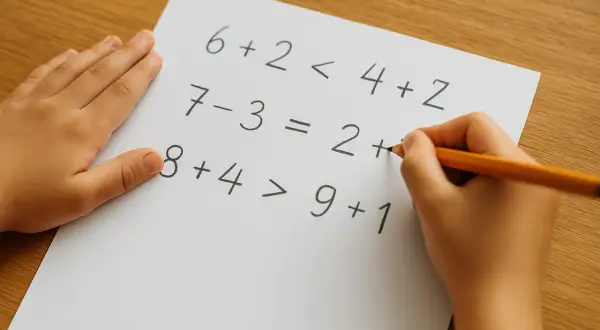 Dziecko pisze ołówkiem zadania matematyczne na kartce papieru.