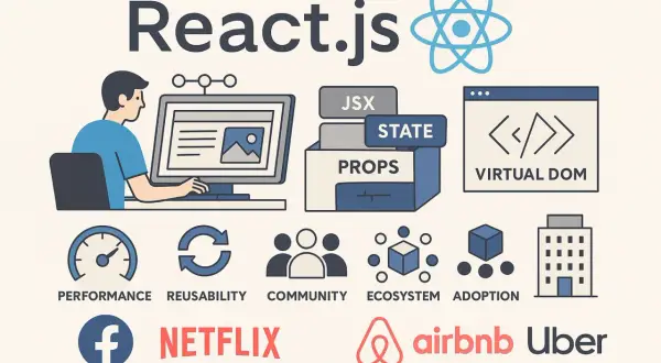 Développeur travaillant sur un projet React web, illustrant les concepts clés comme JSX, State, Props, Virtual DOM, performance, réutilisabilité, communauté, écosystème et adoption.