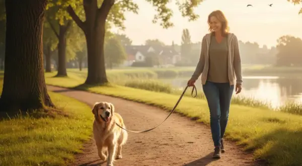 Eine Frau geht mit ihrem fröhlichen Golden Retriever an der Leine einen Weg entlang. Die Sonne scheint durch die Bäume und wirft lange Schatten.