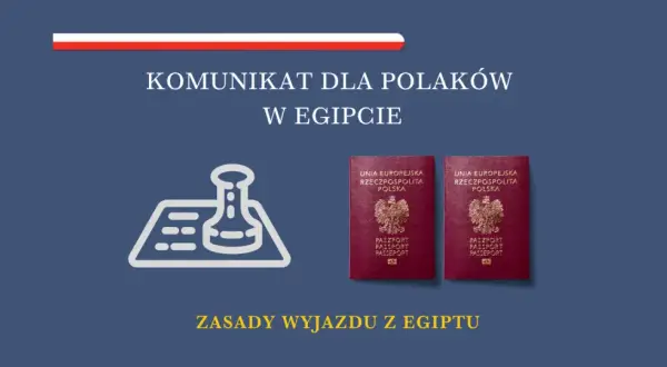 Komunikat dla Polaków w Egipcie: czy do Egiptu potrzebny jest paszport? Dwa polskie paszporty i symbol pieczęci.