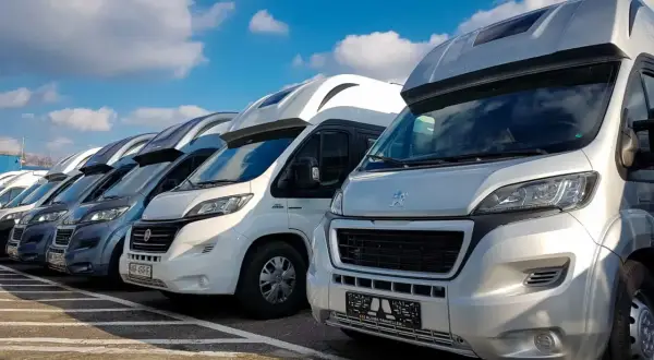 Rząd kamperów na parkingu, idealny na wakacje. Szukasz kamper tanio? Te pojazdy czekają na Ciebie!
