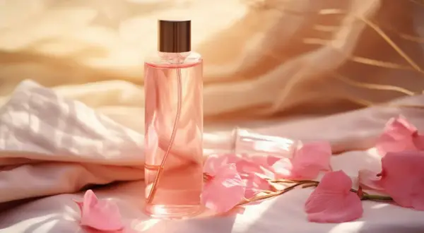 Elegancka butelka perfum z różowym płynem, otoczona płatkami kwiatów. Ten afrodyzjak zapach kusi i uwodzi.