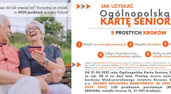 Jak uzyskać Ogólnopolską Kartę Seniora? Uśmiechnięci seniorzy na tle natury, obok instrukcja krok po kroku.