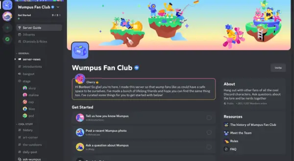 Discord to platforma do komunikacji. Na ekranie serwer "Wumpus Fan Club" z powitalną wiadomością i sekcją "Get Started".