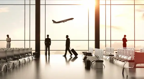 Menschen im Flughafen-Wartebereich, ein Flugzeug startet. Gute flug buchen tipps helfen, diese Szene zu vermeiden.