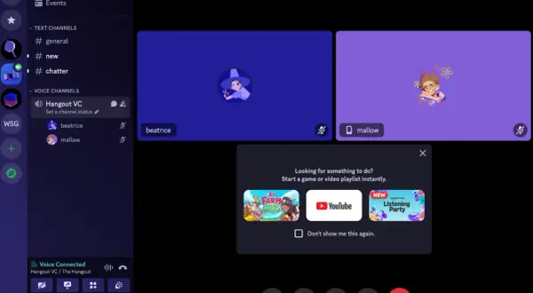 Discord w przeglądarce: beatrice i mallow rozmawiają na kanale głosowym "Hangout VC".