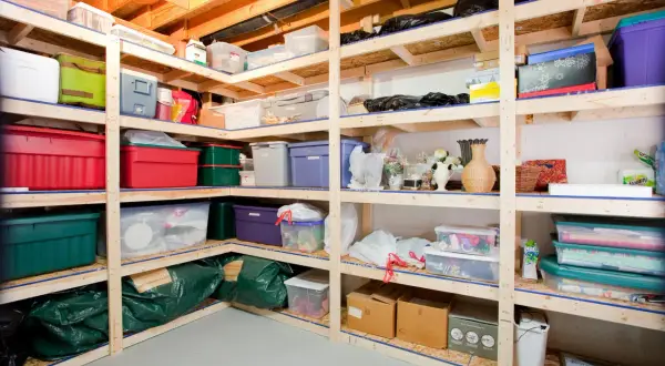 Shelving unit filled with various storage bins, boxes, and bags, showcasing practical basement storage ideas for organizing household items.