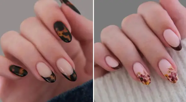Dwa rodzaje manicure: jeden z wzorem imitującym żółwie, drugi z kwiatami. Oba w stylu brazowy french.