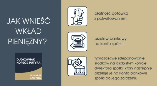 Jak wnieść wkład pieniężny? Metody: gotówka z pokwitowaniem, przelew na konto spółki, tymczasowe zdeponowanie środków na koncie dyrektora.