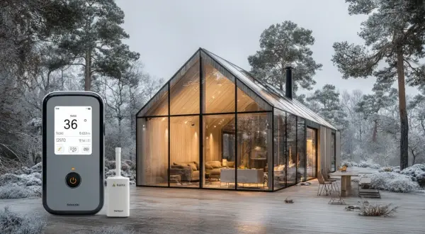 Modern glashus i skogen med enheter för att montera ventilation.