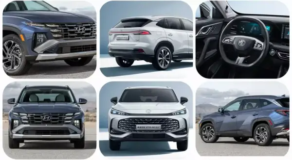 Szczegóły przodu i boku hyundai tucson hybrid. Widok z tyłu białego SUV-a i wnętrza z kierownicą MG.
