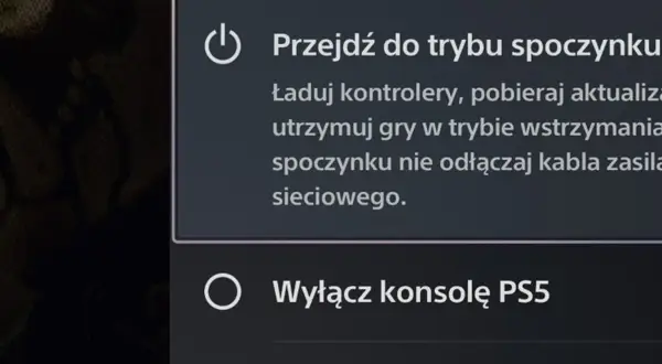 Menu zasilania konsoli PS5 z opcjami trybu spoczynku i wyłączenia.