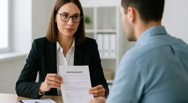 Kobieta w okularach trzyma dokument "VACATION REQUEST", dyskutując z mężczyzną, czy pracodawca może odmówić urlopu na żądanie.