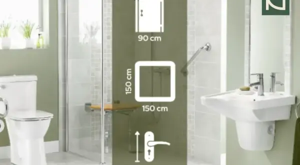 Prysznic dla niepełnosprawnych: wymiary 90x150 cm, drzwi 80-120 cm. Łazienka z uchwytami i siedziskiem.