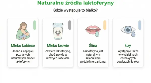 Naturalne źródła laktoferyny: mleko kobiece, mleko krowie, ślina i łzy. Laktoferyna to białko występujące w tych wydzielinach.