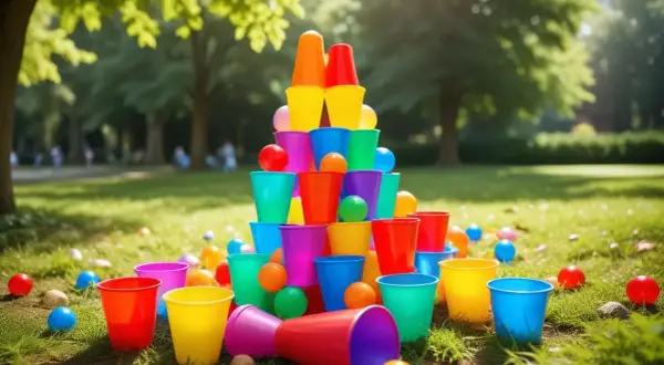 Färgglad stapel av plastmuggar och bollar i en park, redo för en 5 kamp hemma.