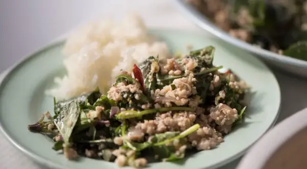 En tallrik med ris och en kryddig kötträtt med färska örter och chili. En smak av äkta thai kryddor.