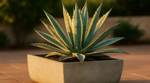 Agave variegata in un vaso squadrato, con foglie verdi e gialle che si aprono a raggiera.