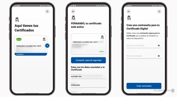 Pasos para como pasar el certificado digital de un móvil a otro: ver certificados, compartir copia de seguridad y crear contraseña.