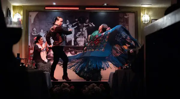 Una cantaora flamenca, con un mantón azul vibrante, baila con pasión. A su lado, un hombre la acompaña en el escenario.